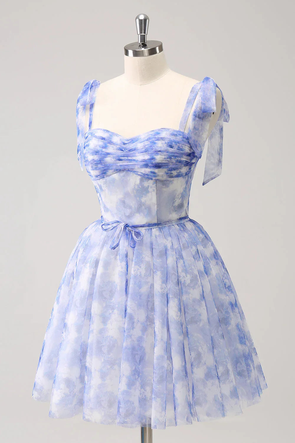 Vestido Corto de Baile Hogareño Azul Lindo en Línea A con Tirantes Espagueti Plisados y Espalda con Cordones