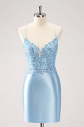 Robe courte de bal Blue Bodycon à dos lacé avec paillettes et appliqués