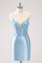 Robe courte de bal Blue Bodycon à dos lacé avec paillettes et appliqués