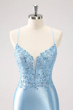 Robe courte de bal Blue Bodycon à dos lacé avec paillettes et appliqués