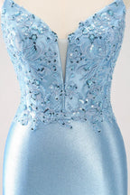 Robe courte de bal Blue Bodycon à dos lacé avec paillettes et appliqués