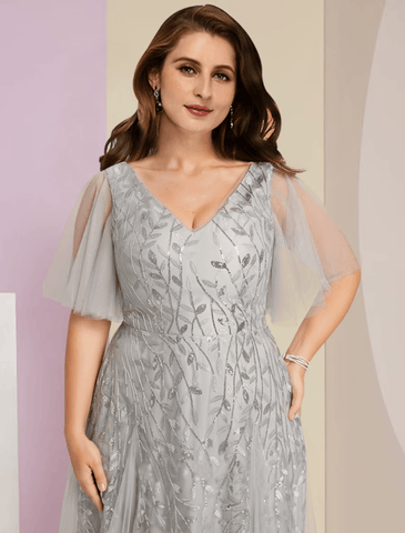Plus Size Curve Kleid für die Mutter der Braut, Party, Sparkle &amp; Shine, V-Ausschnitt, bodenlang, Spitze, Tüll, kurze Ärmel mit Falten, Pailletten
