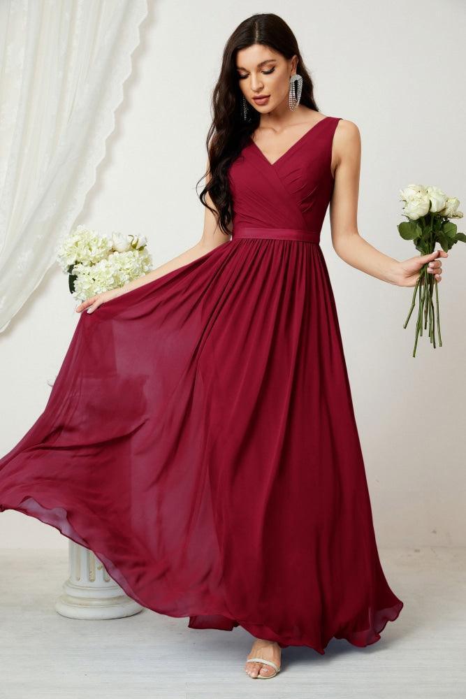 Vestido de dama de honor largo de gasa para mujer, línea A sin mangas, vestido formal de baile de graduación para fiesta nocturna, vestido de regreso a casa 2808