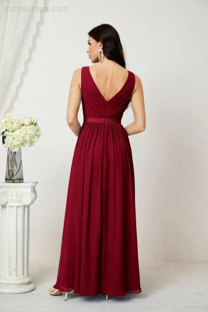 Abito da Sera Donna in Chiffon Lungo per Damigelle, Scollato, Senza Maniche, Linea A, per Feste Serali, Ballo di Fine Anno e Homecoming, Modello 2808
