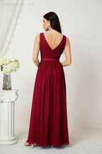Abito da Sera Donna in Chiffon Lungo per Damigelle, Scollato, Senza Maniche, Linea A, per Feste Serali, Ballo di Fine Anno e Homecoming, Modello 2808