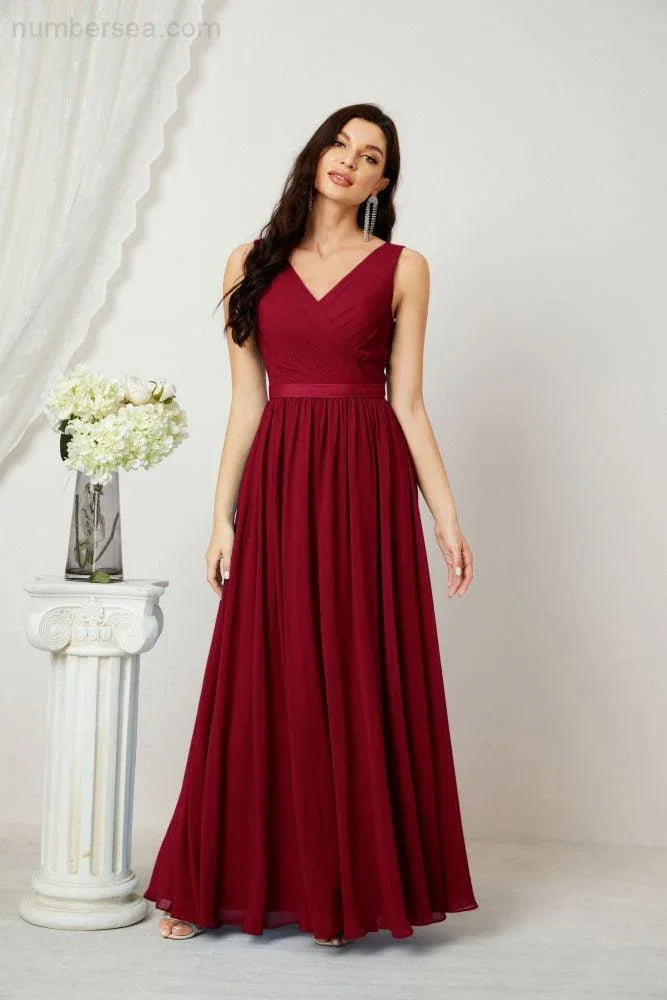 Abito da Sera Donna in Chiffon Lungo per Damigelle, Scollato, Senza Maniche, Linea A, per Feste Serali, Ballo di Fine Anno e Homecoming, Modello 2808