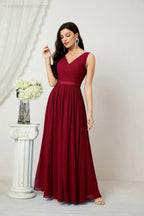 Abito da Sera Donna in Chiffon Lungo per Damigelle, Scollato, Senza Maniche, Linea A, per Feste Serali, Ballo di Fine Anno e Homecoming, Modello 2808