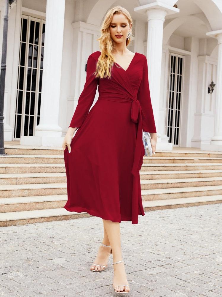 Vestido de madrinha com decote em V e cinto para mãe da noiva e convidada de casamento 28031 