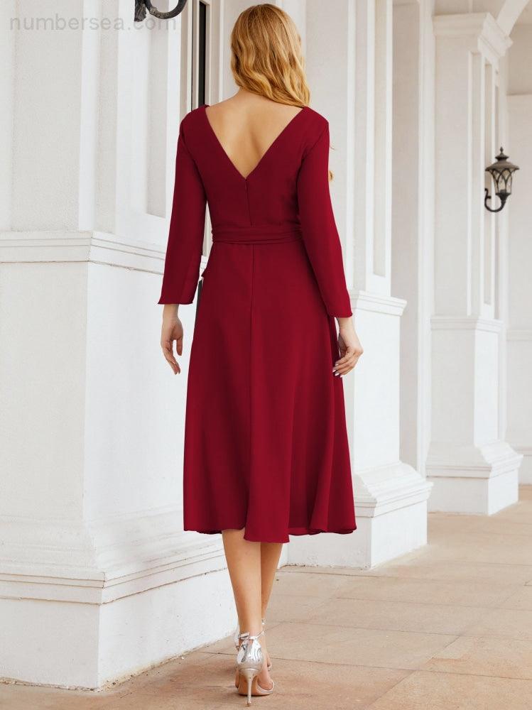 Vestido de madrinha com decote em V e cinto para mãe da noiva e convidada de casamento 28031 