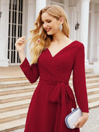 Vestido de madrinha com decote em V e cinto para mãe da noiva e convidada de casamento 28031 