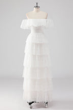 Schwarzes, langes Abendkleid in A-Linie mit quadratischem Ausschnitt und Rüschen