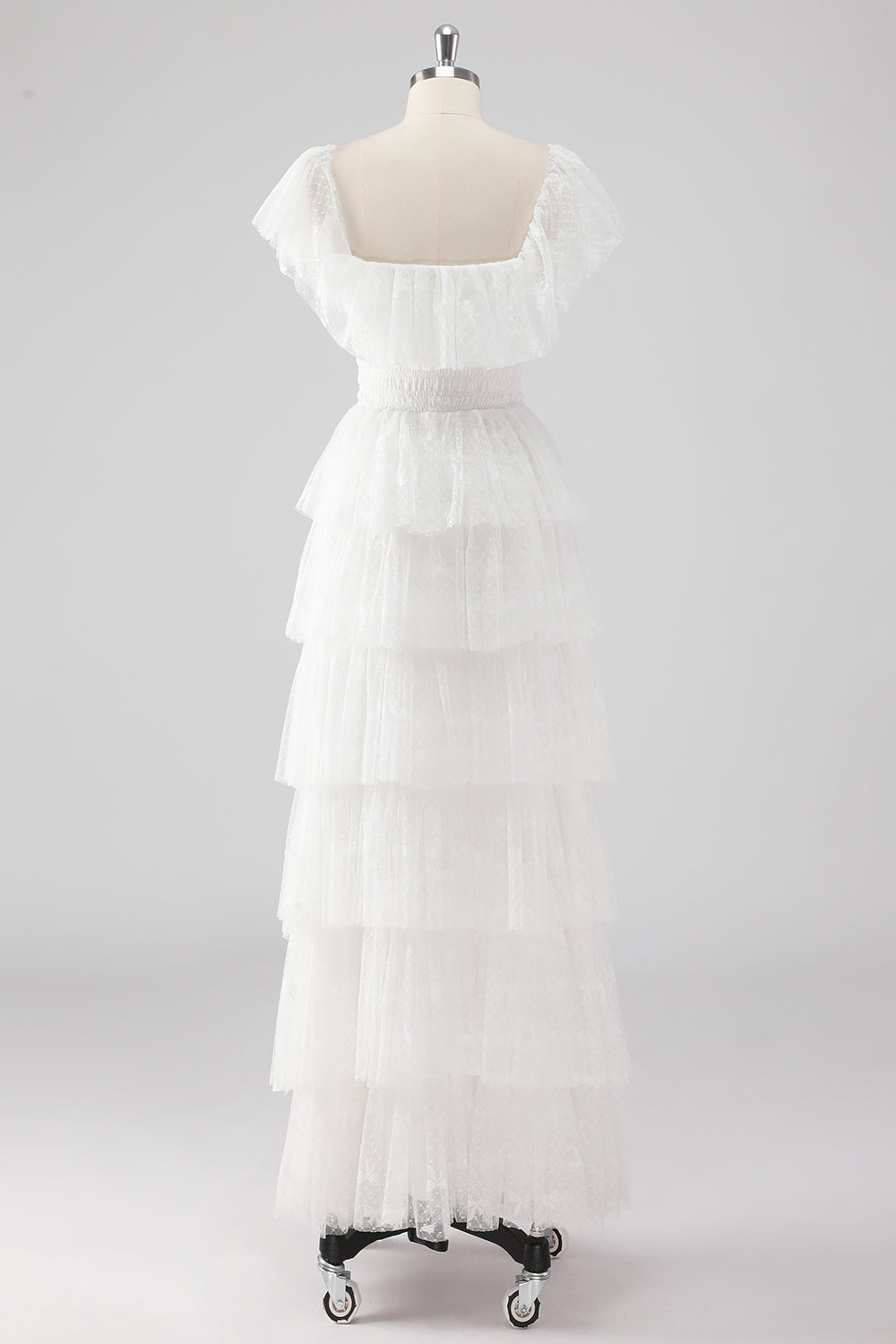 Schwarzes, langes Abendkleid in A-Linie mit quadratischem Ausschnitt und Rüschen