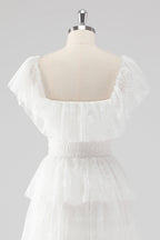 Schwarzes, langes Abendkleid in A-Linie mit quadratischem Ausschnitt und Rüschen