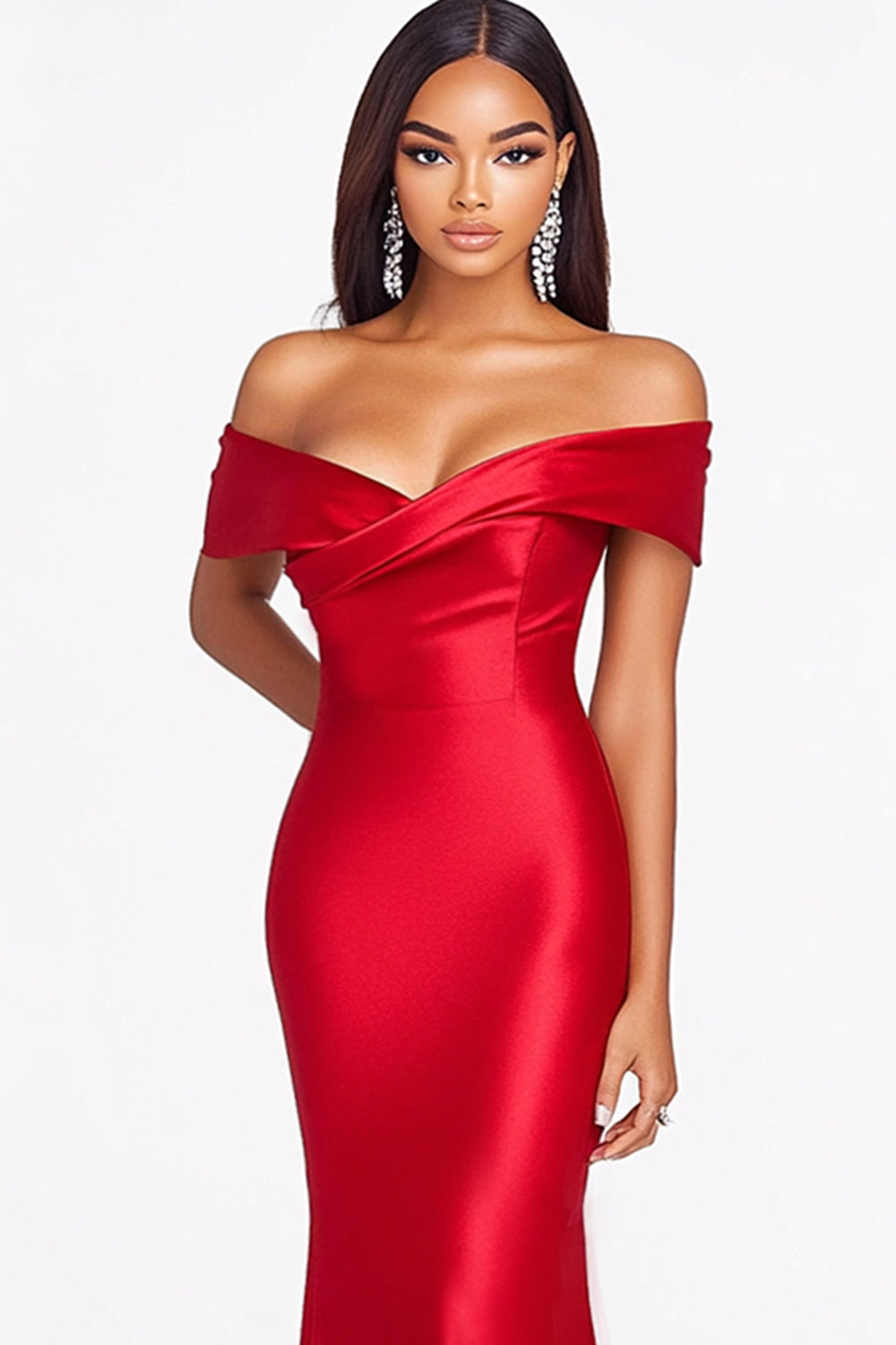 Vestido formal de cetim vermelho sereia ombro a ombro