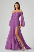 Purple A Line Długa Suknia Wieczorowa z Długim Rękawem, Chiffon i Rozcięciem