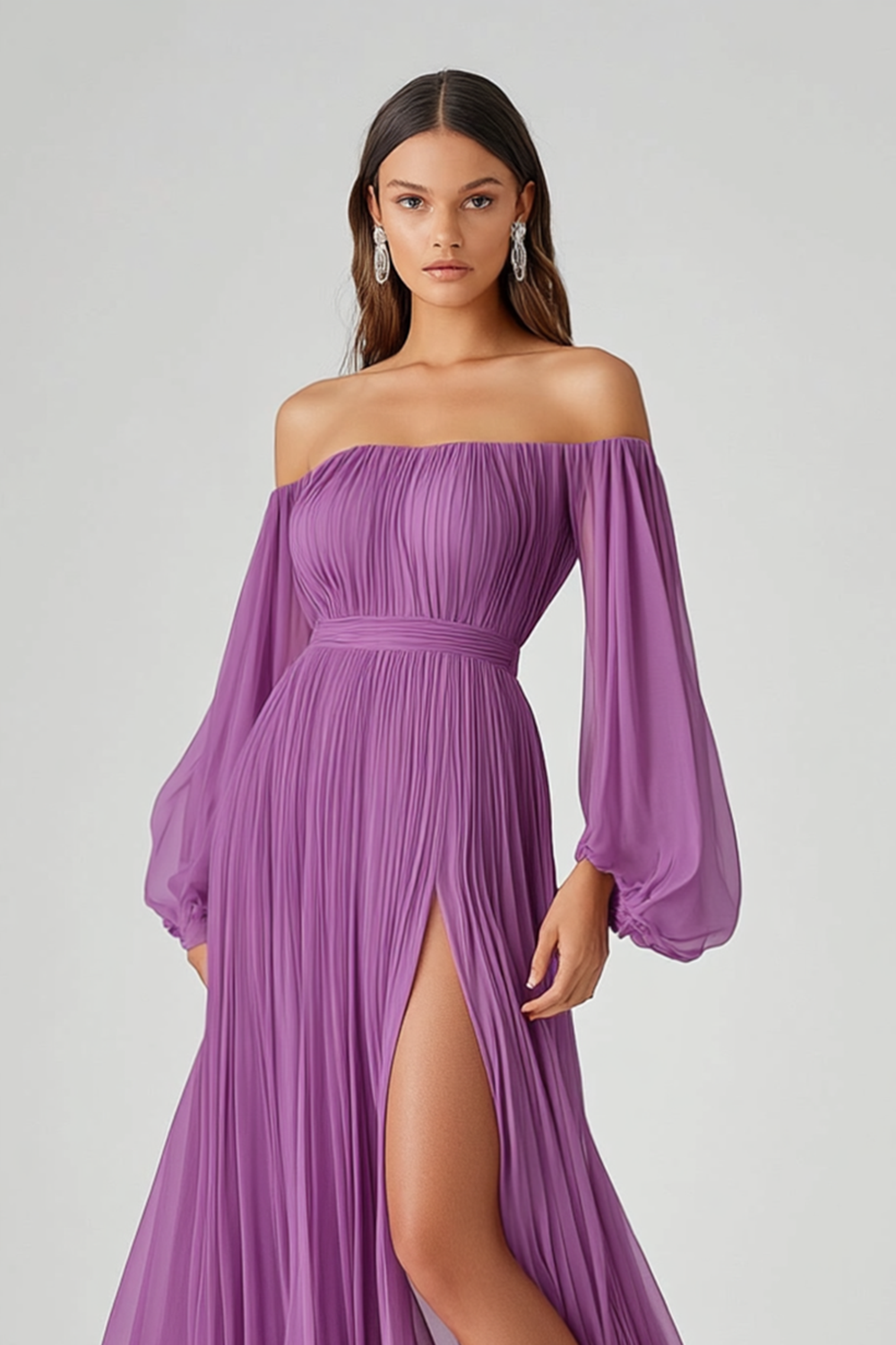Vestido formal comprido em chiffon com racha e mangas compridas em linha A roxo