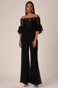 Schwarzer schulterfreier Chiffon-Jumpsuit mit halblangen Ärmeln