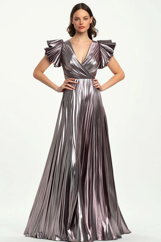 Taro Lila plissiertes Abendkleid aus Metallic-Satin mit kurzen Rüschenärmeln