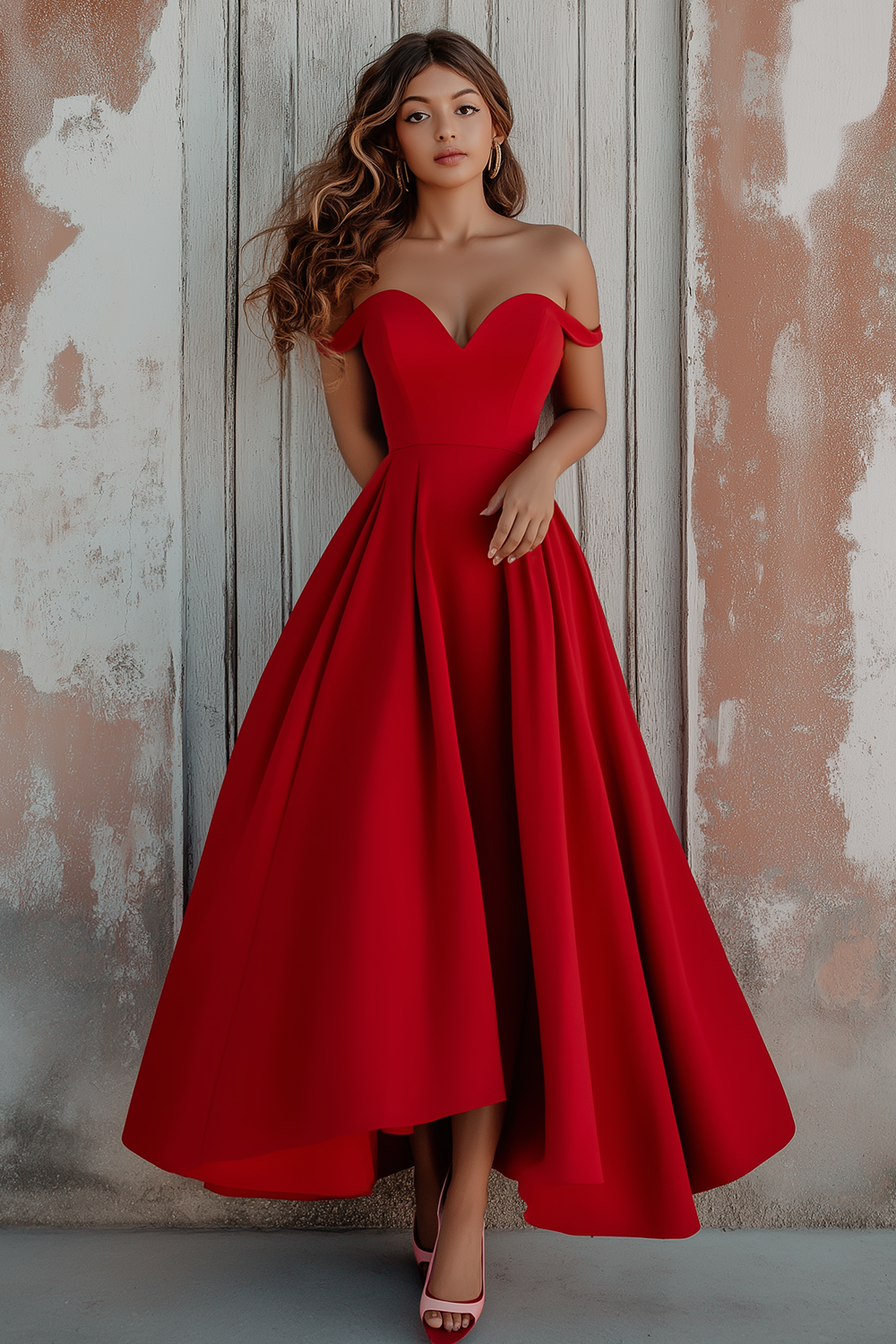 Vestido de cerimónia vermelho com decote ombro a ombro