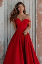 Vestido de cerimónia vermelho com decote ombro a ombro