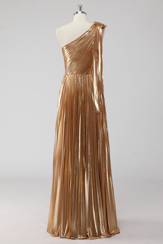 Golden Metallic A-Line Satin One Shoulder Long Formal Dress with Pleated