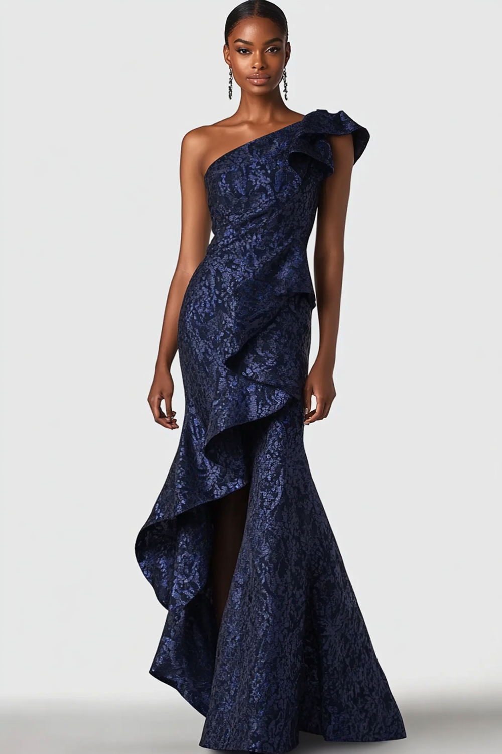 Mermaid Navy One Shoulder Long Formal Dress with Ruffles