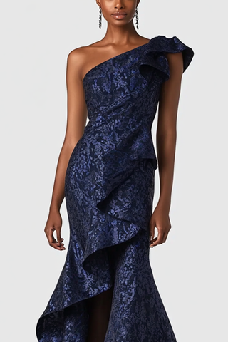 Mermaid Navy One Shoulder Long Formal Dress with Ruffles