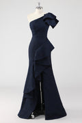 Meerjungfrau Marineblau One-Shoulder Langes Abendkleid mit Rüschen