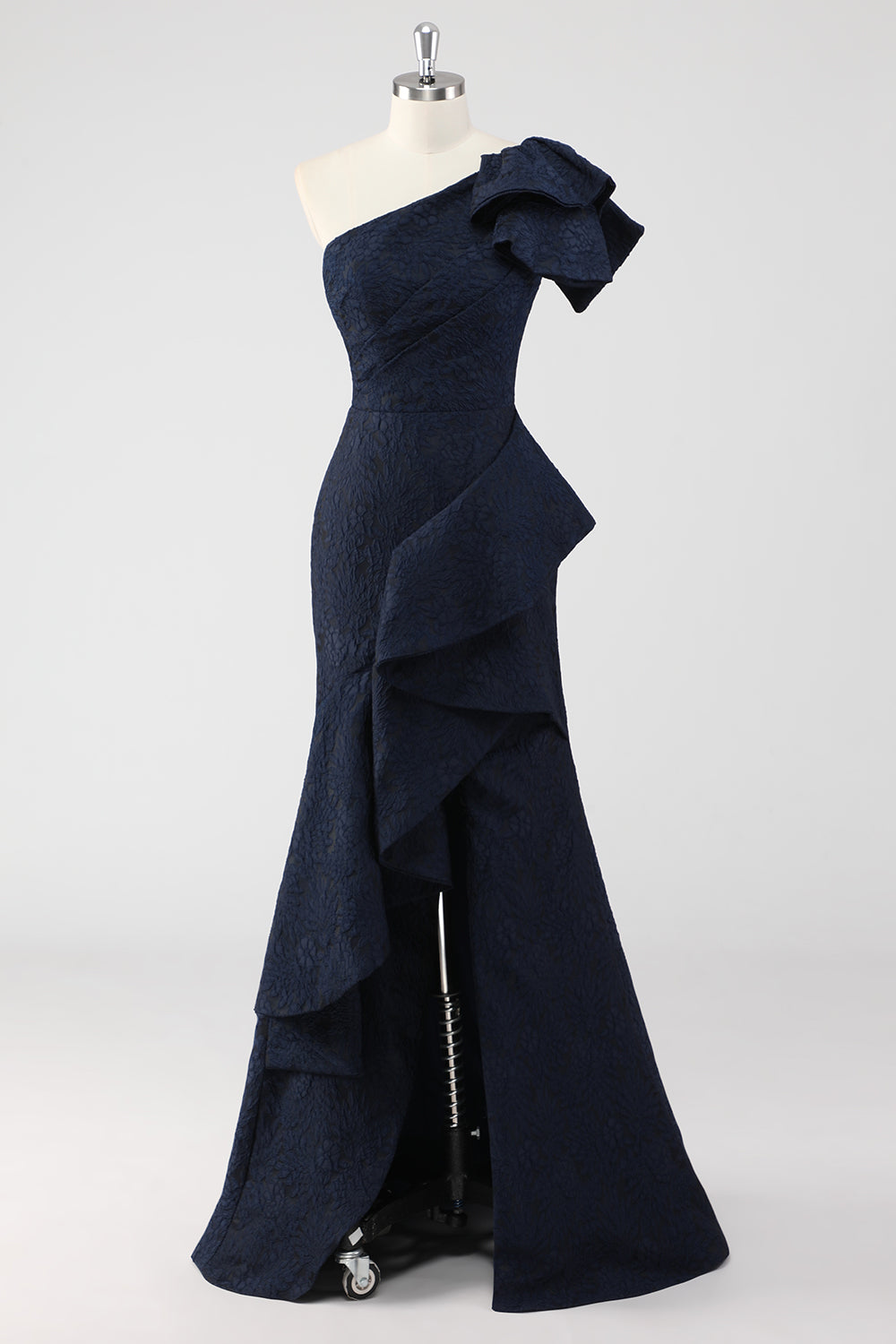 Marineblaues One-Shoulder-Meerjungfrauen-Ballkleid mit Rüschen