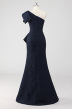 Mermaid Navy One Shoulder Long Formal Dress with Ruffles