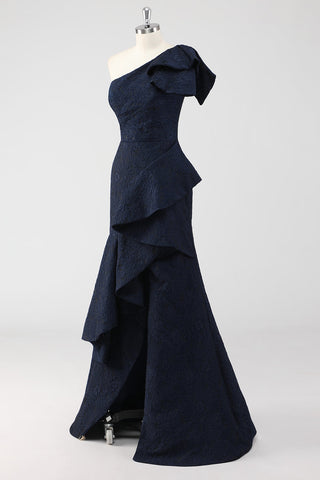 Mermaid Navy One Shoulder Long Formal Dress with Ruffles
