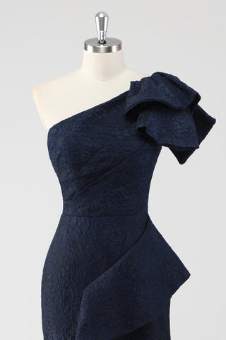 Mermaid Navy One Shoulder Long Formal Dress with Ruffles