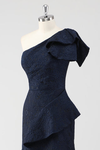 Mermaid Navy One Shoulder Long Formal Dress with Ruffles