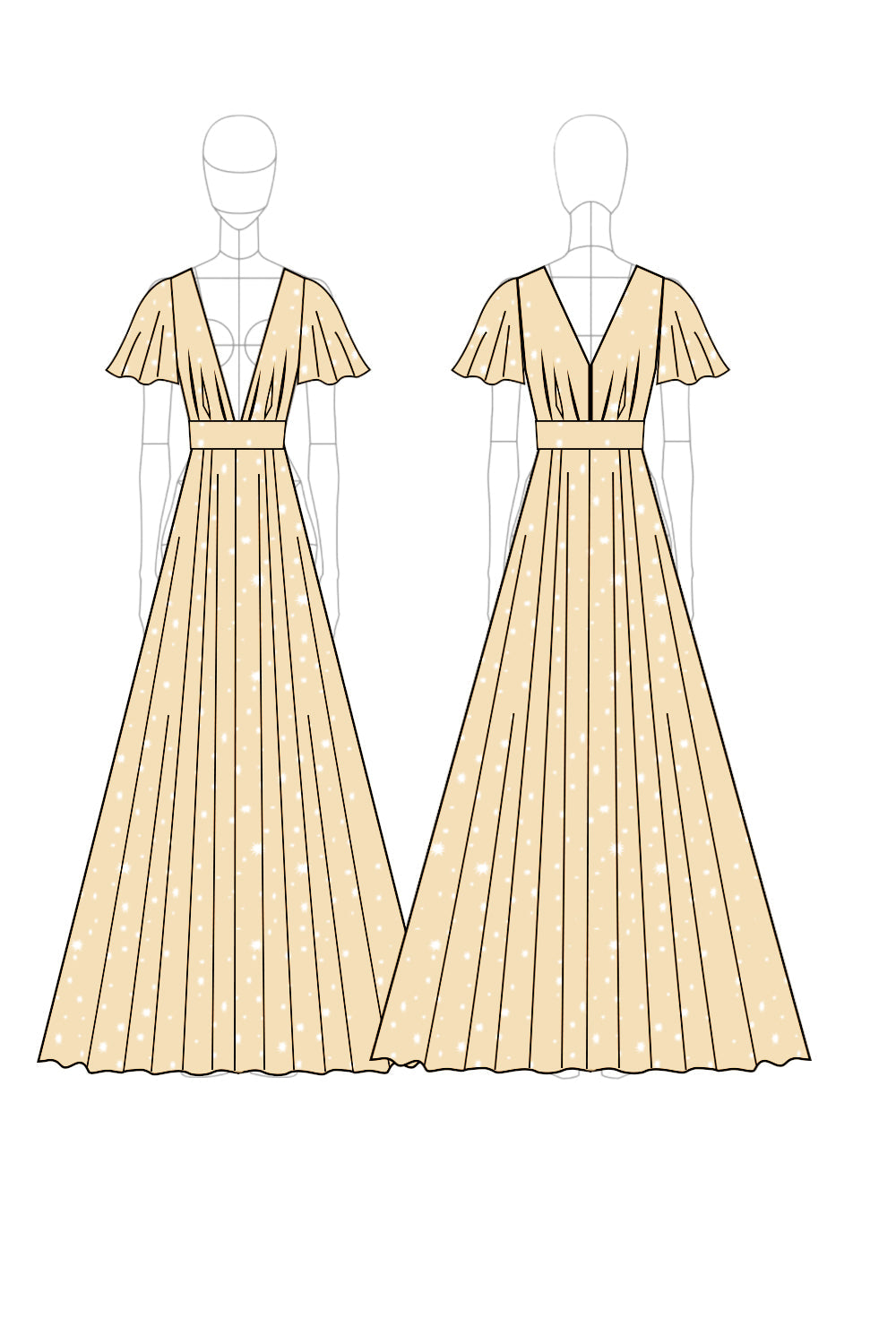 Vestido formal comprido de tule com decote em V e corte A em alperce