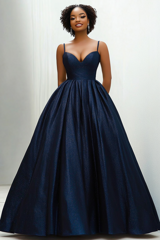 Marineblaues, langes Ballkleid aus Satin mit Spaghettiträgern und unsichtbaren Seitentaschen