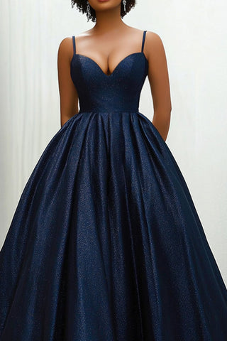 Marineblaues, langes Ballkleid aus Satin mit Spaghettiträgern und unsichtbaren Seitentaschen