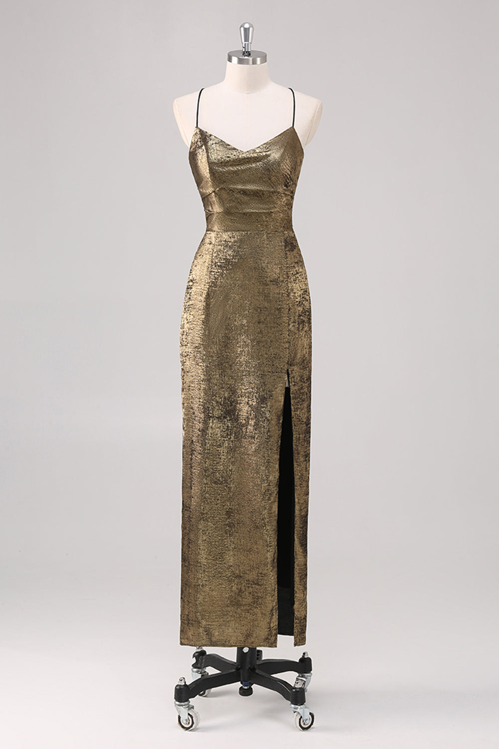 Etuikleid mit Spaghettiträgern in Metallic-Schwarz und Gold mit Schlitz