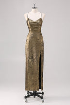 Etuikleid mit Spaghettiträgern in Metallic-Schwarz und Gold mit Schlitz