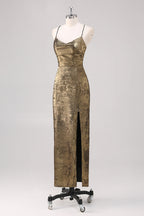 Etuikleid mit Spaghettiträgern in Metallic-Schwarz und Gold mit Schlitz