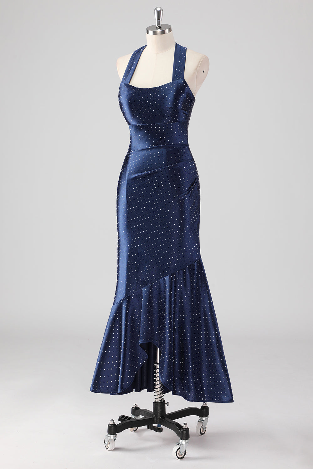 Marineblaues Meerjungfrau-Satin-Knöchellanges Abendkleid