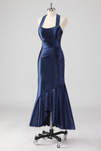 Marineblaues Meerjungfrau-Satin-Knöchellanges Abendkleid