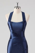 Marineblaues Meerjungfrau-Satin-Knöchellanges Abendkleid