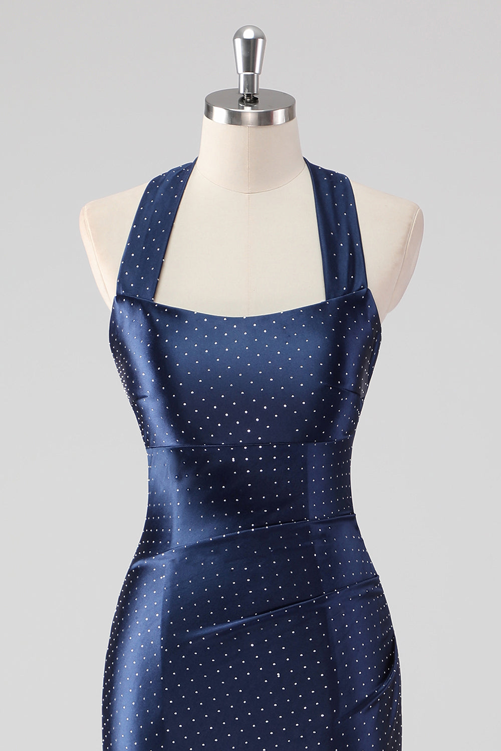 Vestido formal de cetim sereia azul-marinho com comprimento até ao tornozelo