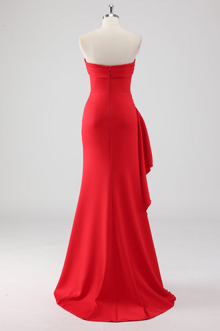 Red Ruched Sheath Formal Dress with Slit