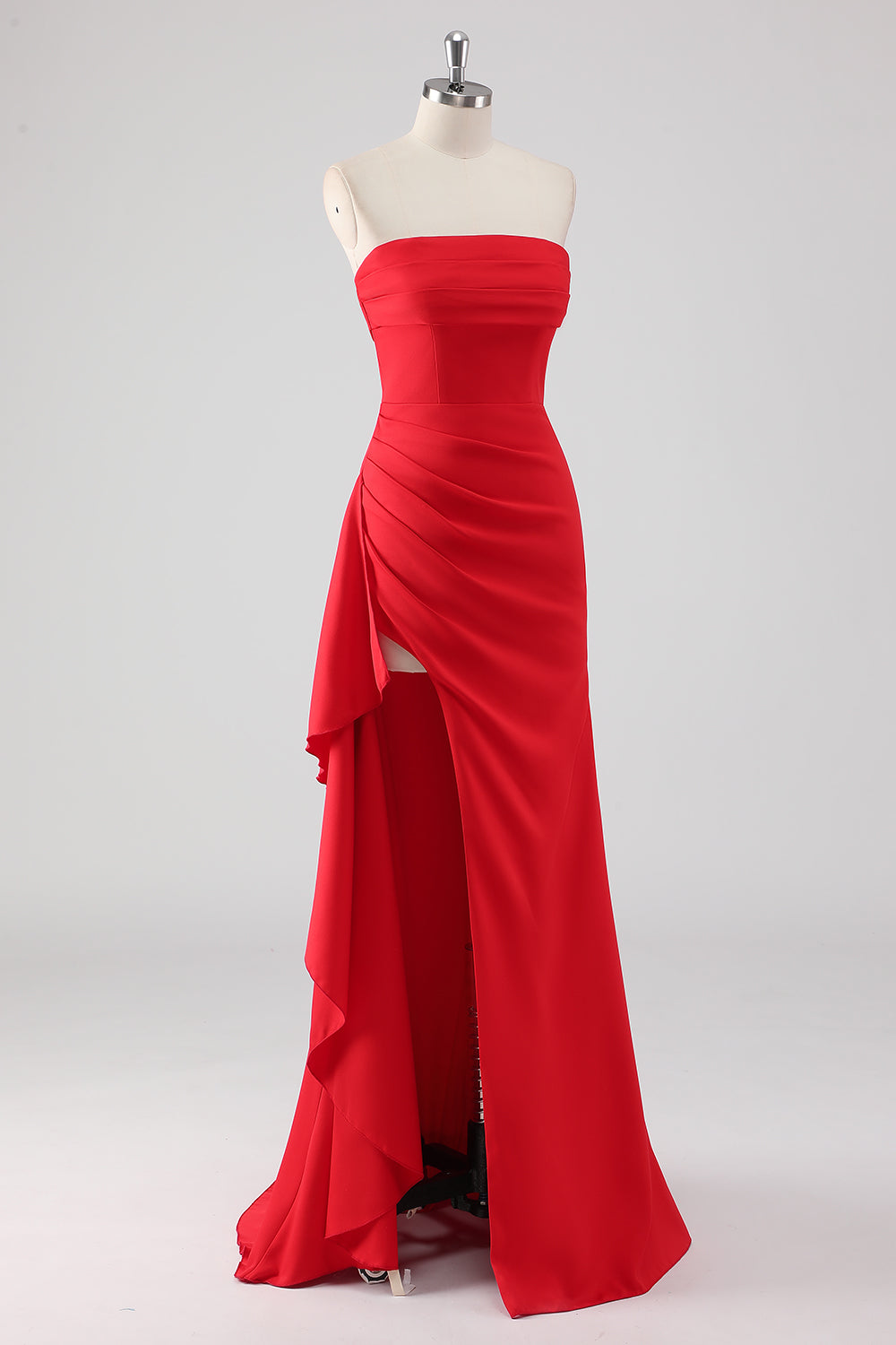 Vestido formal vermelho franzido com racha