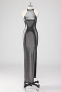 Elegancka Srebrno-Szara Sukienka Wieczorowa z Rozcięciem i Dekoltem Halter