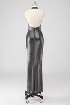 Vestido formal Halter Shath cinza prateado brilhante com racha