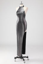 Vestido formal Halter Shath cinza prateado brilhante com racha