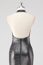 Vestido formal Halter Shath cinza prateado brilhante com racha