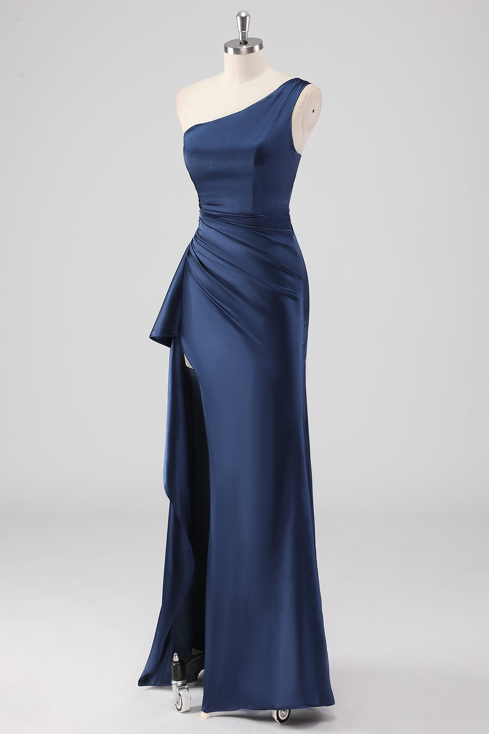 Elegantes, marineblaues One-Shoulder-Ballkleid aus Satin mit Schlitz